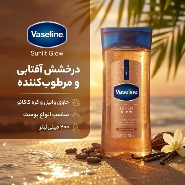 روغن بدن وازلین مدل Sunlit Glow با وانیل و کره کاکائو، مرطوب‌کننده، مناسب انواع پوست، حجم  102925919